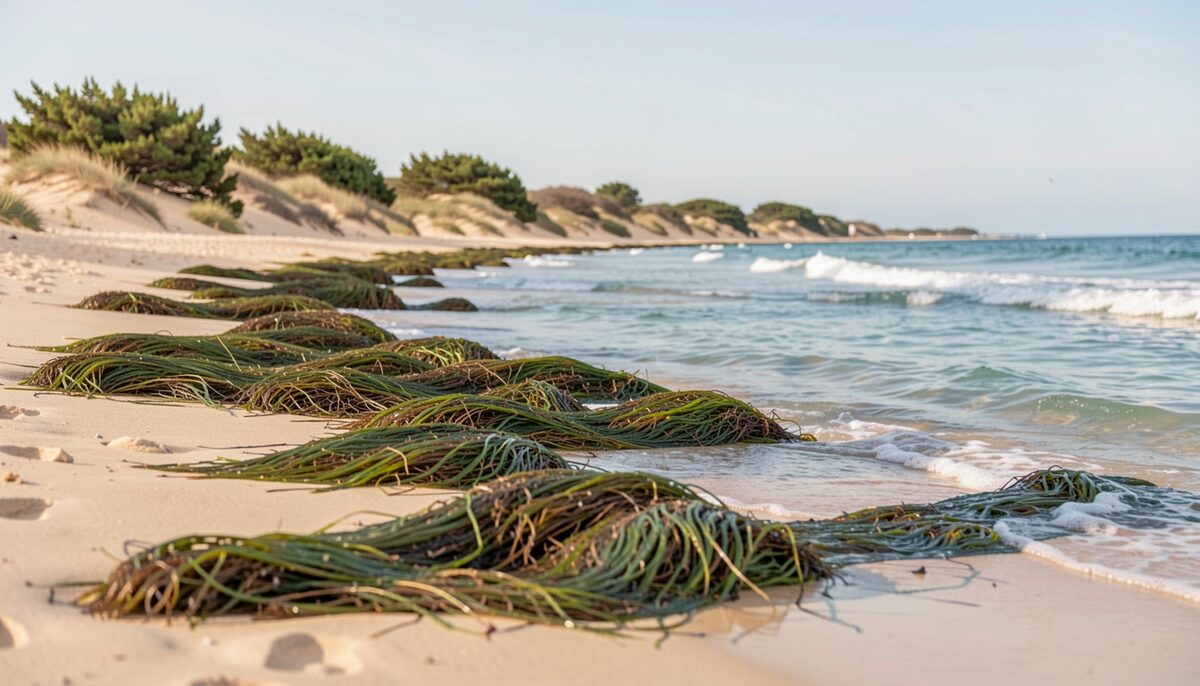 Sandy Mediterranean beach with posidonia oceanica seagrass washed ashore, dunes with juniper and a clear sea, no people