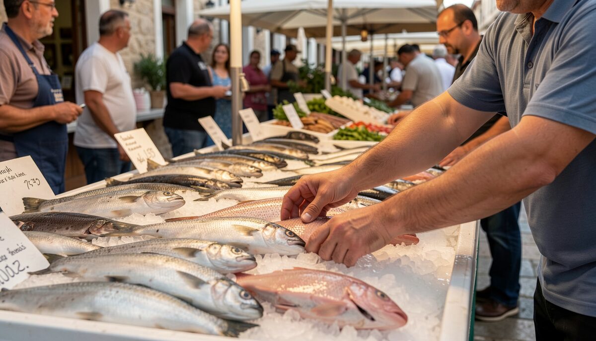 Fresh fish displayed on ice at a Mediterranean fish market, hands of a vendor arranging the catch, no text visible