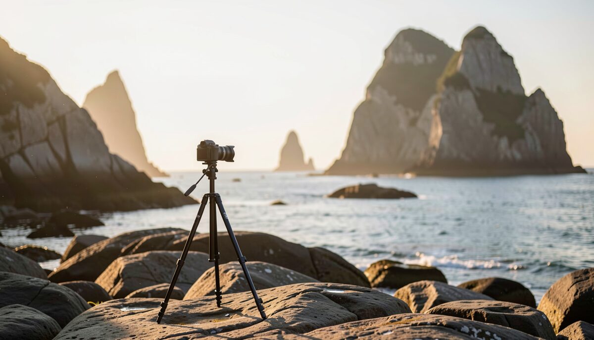 Photographer with tripod on a rocky shore at golden hour, camera pointed at sea stacks, leaving no visible impact