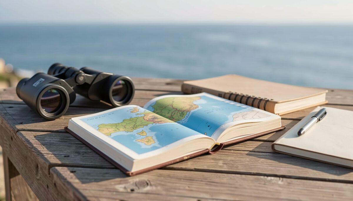 Open travel book on a wooden table with a map of the Italian coast, binoculars and a notebook, seaside light