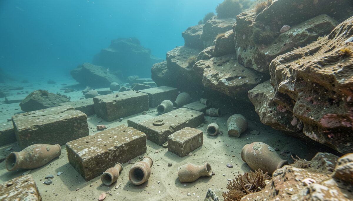Underwater archaeological site with stone blocks and amphora fragments visible on the seabed near a rocky Mediterranean shore