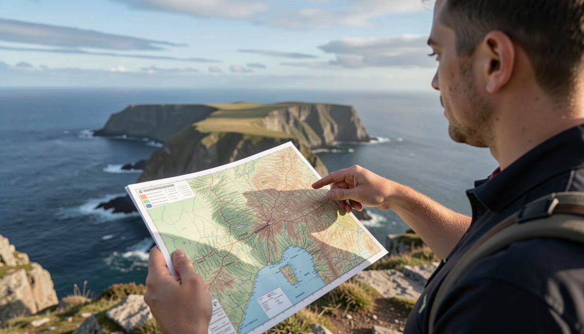 Person holding a topographic map on a coastal cliff, pointing at a headland, sea and sky in the background