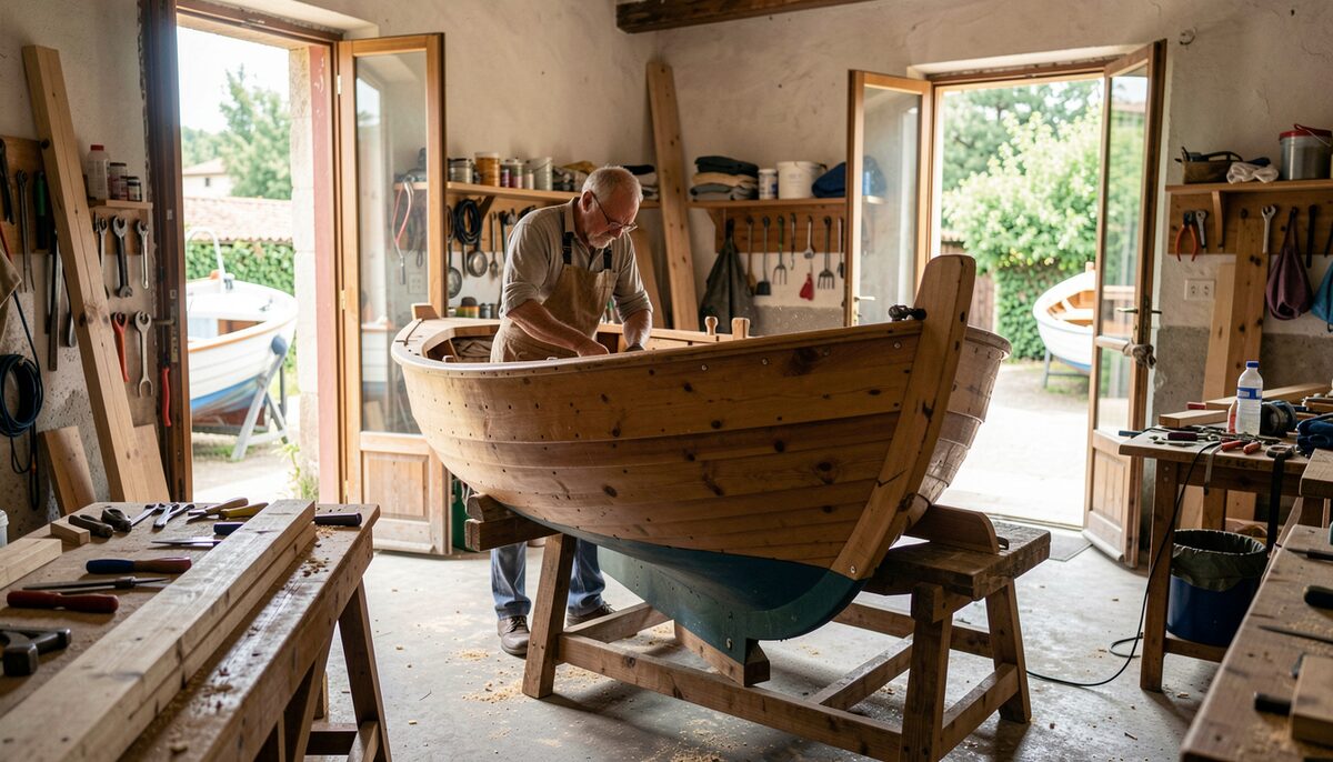 Shipwright working on a wooden hull in a small Italian boatyard, tools and timber around, natural light from open doors