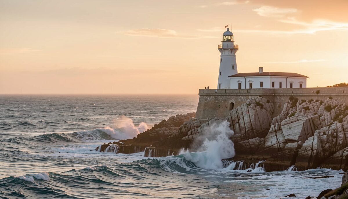 White lighthouse on a rocky Italian promontory at sunset, waves crashing below, no people visible