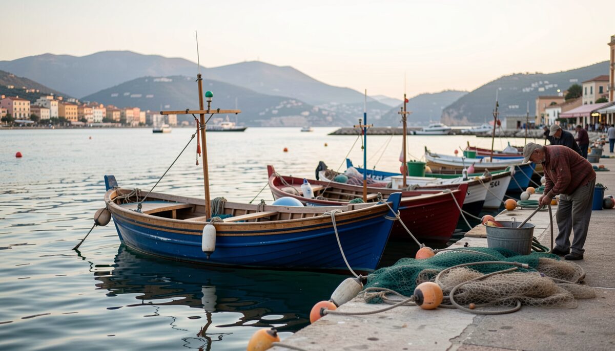 Small wooden fishing boats moored in a Mediterranean harbour at dawn with nets and buoys on the quay, fishermen preparing gear